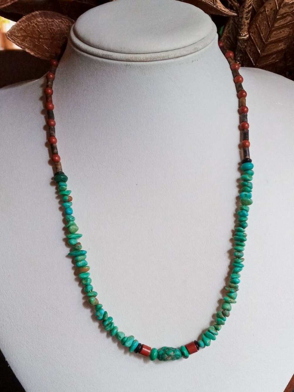 Genuine Southwestern Native American Turquoise & Red Coral Bead Necklace - Picture 3 of 14